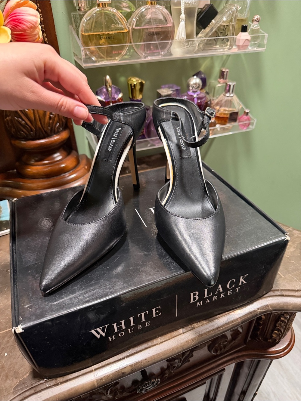 White House Black Market Black Pointed Ankle-Strap Pumps with Stiletto Heel